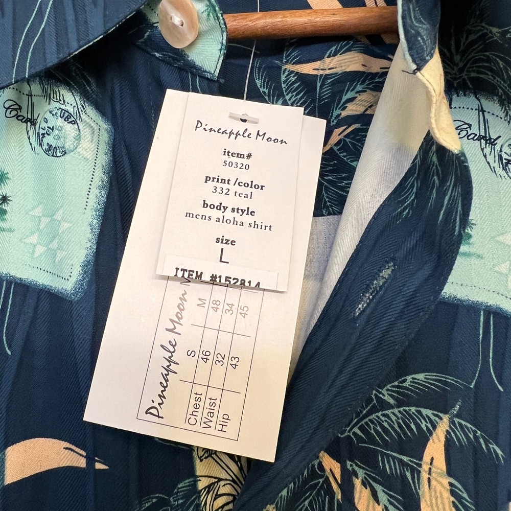 Pineapple Moon Men's Aloha Shirt L 100% Silk Teal Postcard Palm Print NWT - Picture 4 of 8